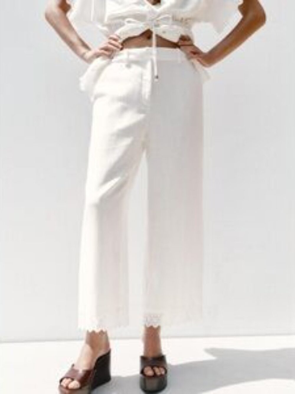 Brand NEW w/Tags ZARA Ramie Like-Linen Wide Leg Pants Lace Trim Oyster-white XS